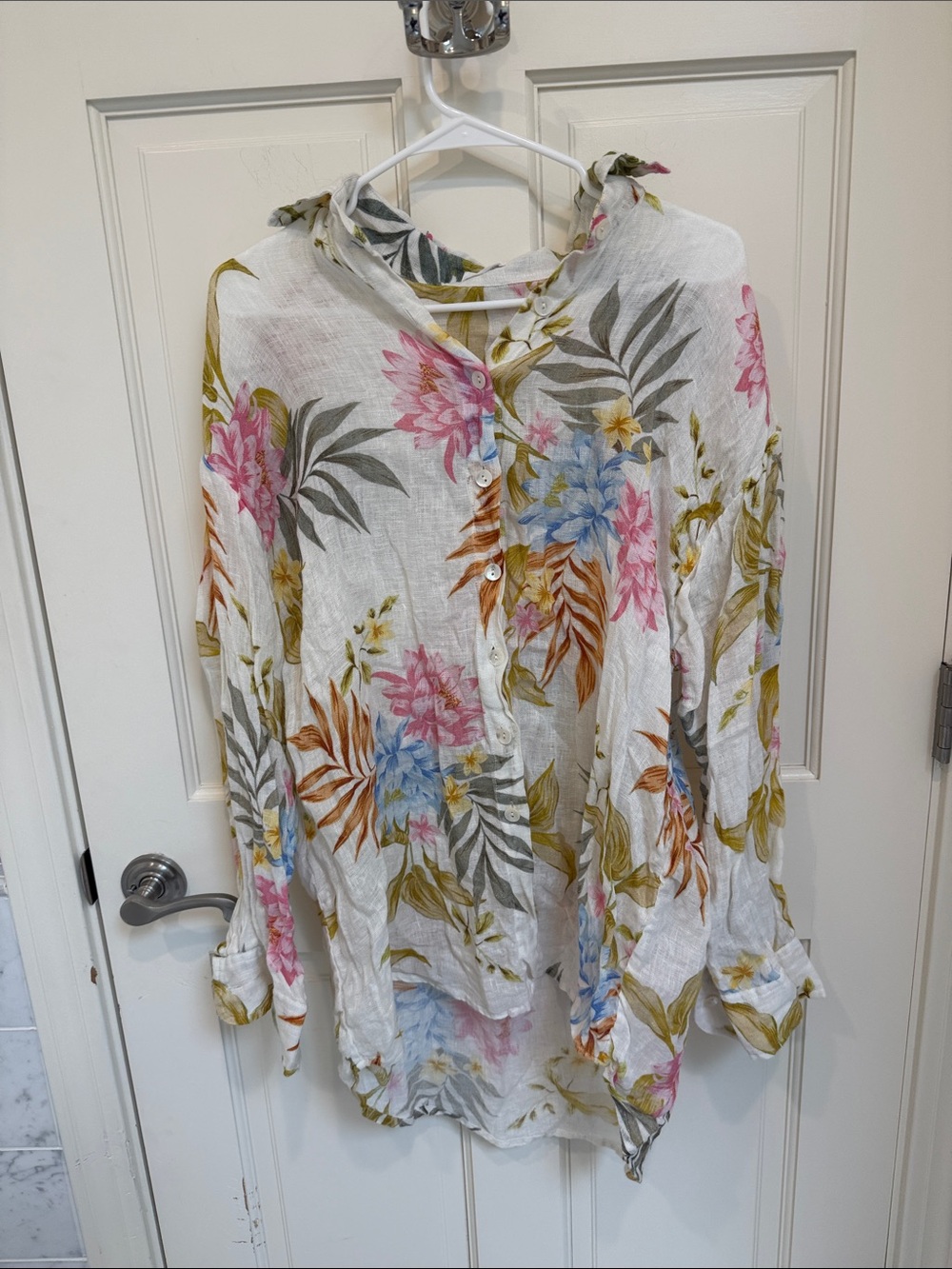 Vitamin A White Floral Button-Down Shirt with Pink Blue & Green Accents